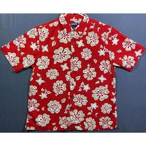 Lands End Bold Red Floral Hawaiian Camp Shirt Wood Buttons Large 16-16 1/2 REG